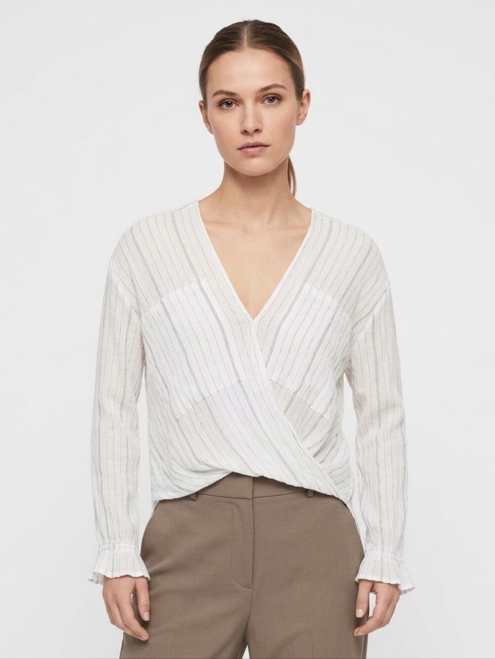 AllSaints Penny Striped Surplice Wrap Blouse Size Small White Crinkle High-Low